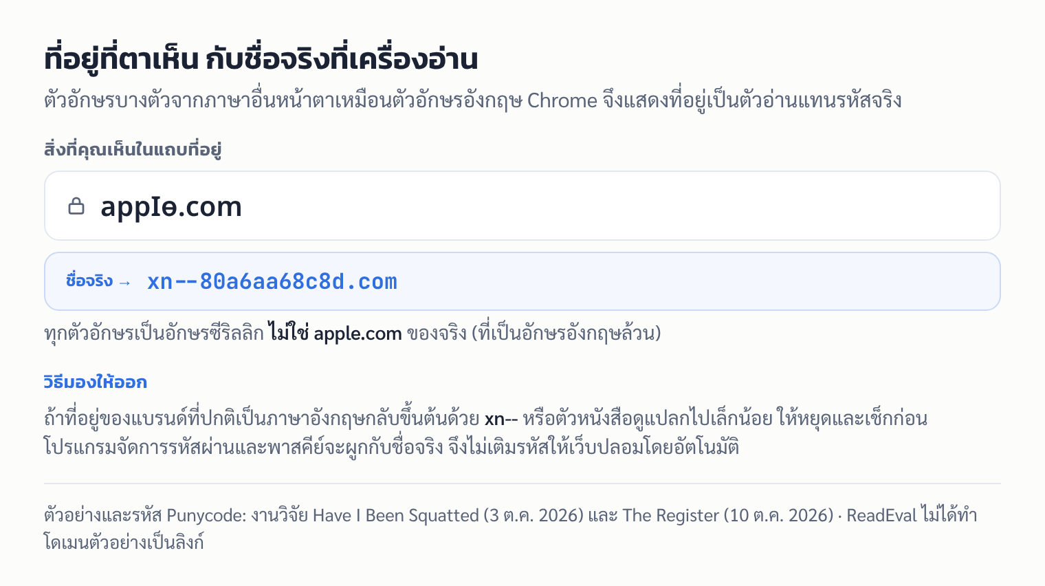 แถบที่อยู่ของ Chrome แสดงโดเมนซีริลลิก аррӏө.com ที่มองเหมือน apple.com ขณะที่ชื่อจริงที่เข้ารหัสคือ xn--80a6aa68c8d.com