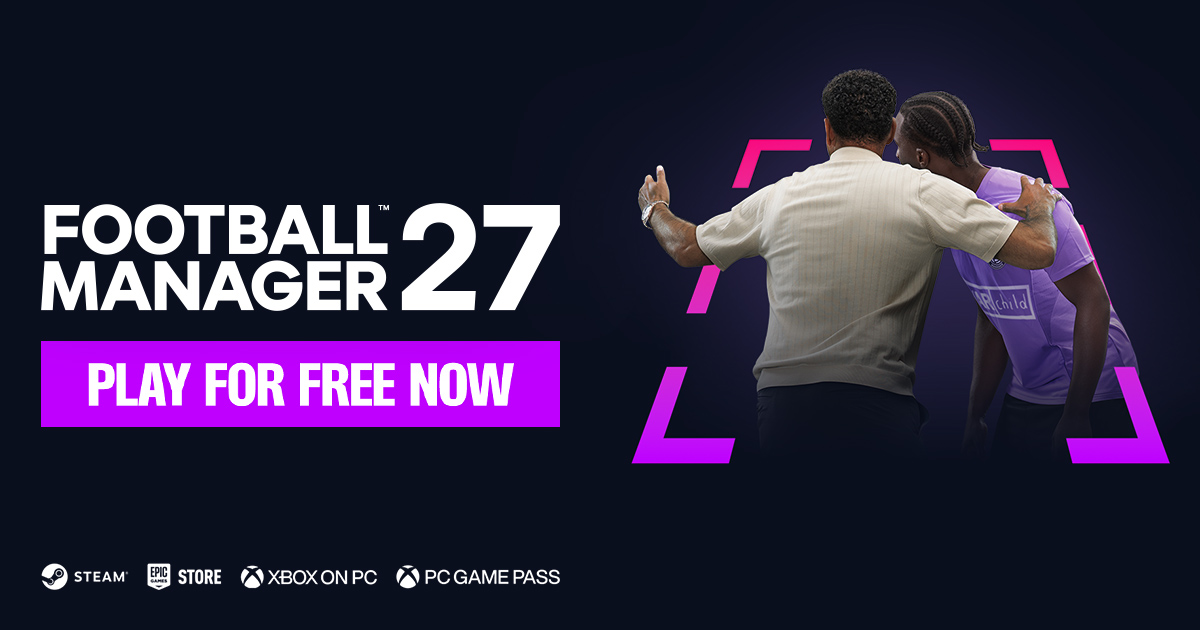 ภาพประกาศ Football Manager 27 เล่นฟรี พร้อมโลโก้ Steam, Epic Games Store, Xbox on PC และ PC Game Pass
