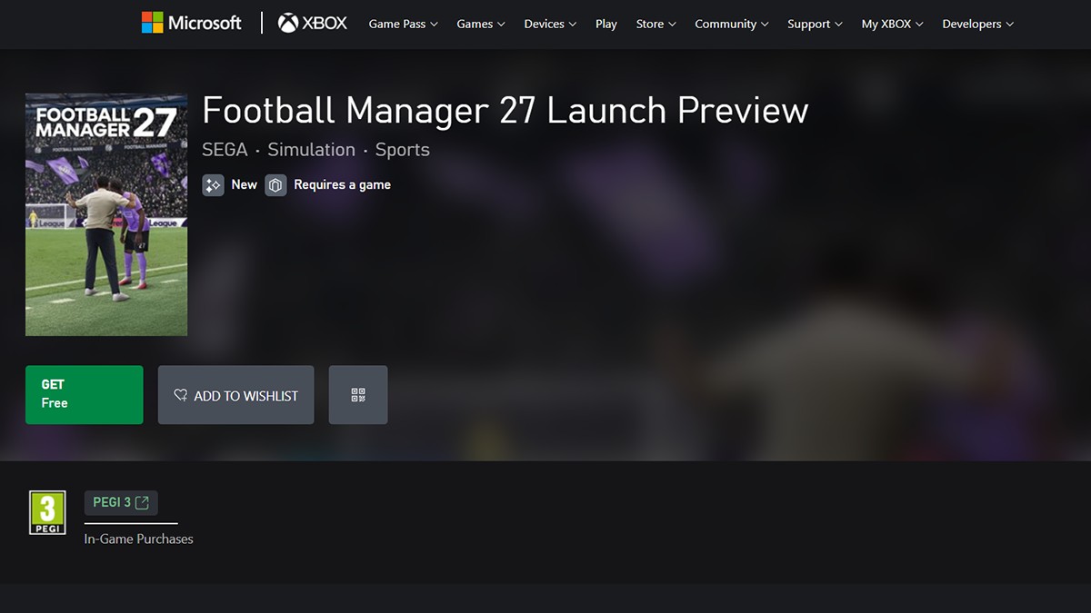 หน้า Football Manager 27 Launch Preview บน Xbox.com ที่มีปุ่ม GET Free