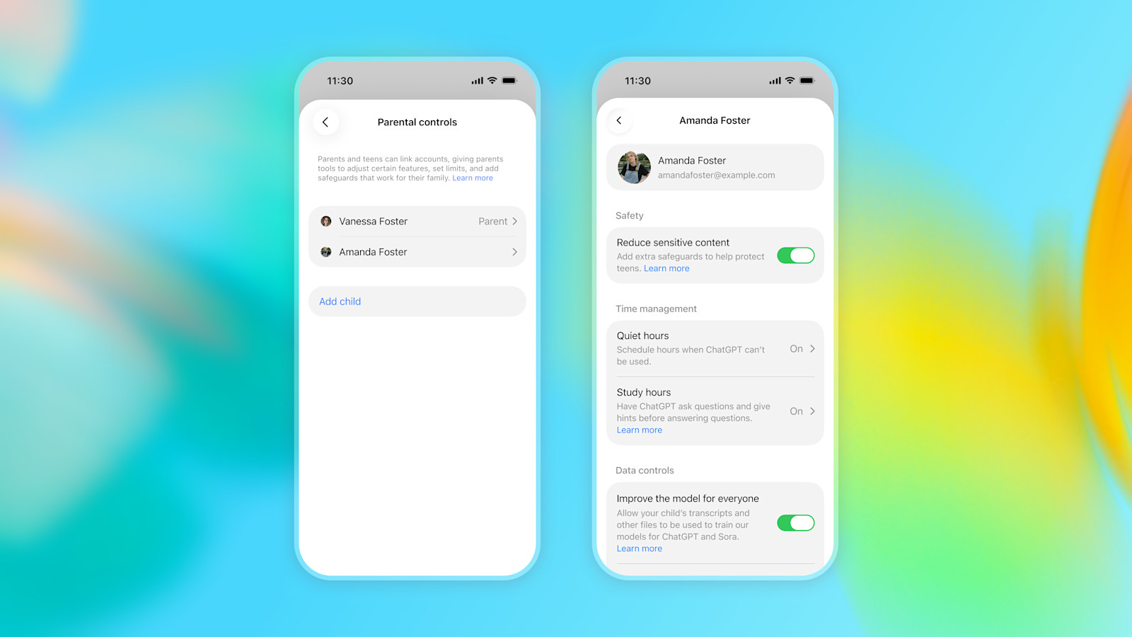 หน้าจอ Parental controls ของ ChatGPT แสดงบัญชีที่เชื่อมกัน และการตั้งค่าลดเนื้อหาอ่อนไหว Quiet hours และ Study hours ของบัญชีลูก