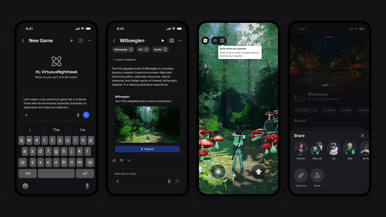 หน้าจอมือถือสี่จอของ Roblox Build ตั้งแต่พิมพ์บอกไอเดียเกม ดูผลที่ AI สร้าง ทดลองเล่นเกมป่า ไปจนถึงหน้าแชร์ให้เพื่อน