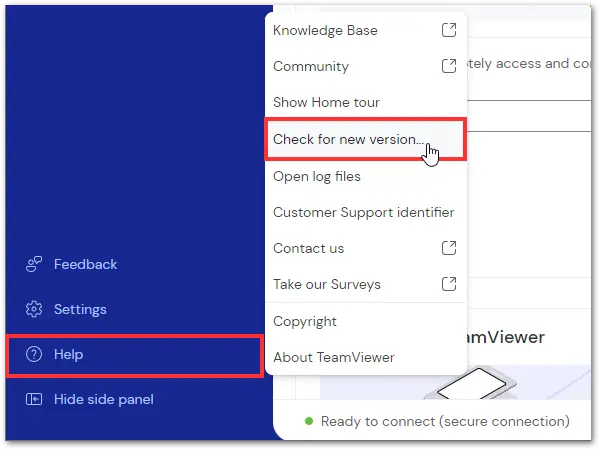 หน้าจอ TeamViewer เมนู Help ที่มุมซ้ายล่าง มีคำสั่ง Check for new version และ About TeamViewer