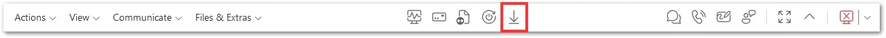 แถบเครื่องมือระหว่างรีโมตของ TeamViewer ปุ่มลูกศรชี้ลง Remote update อยู่ในกรอบสีแดง